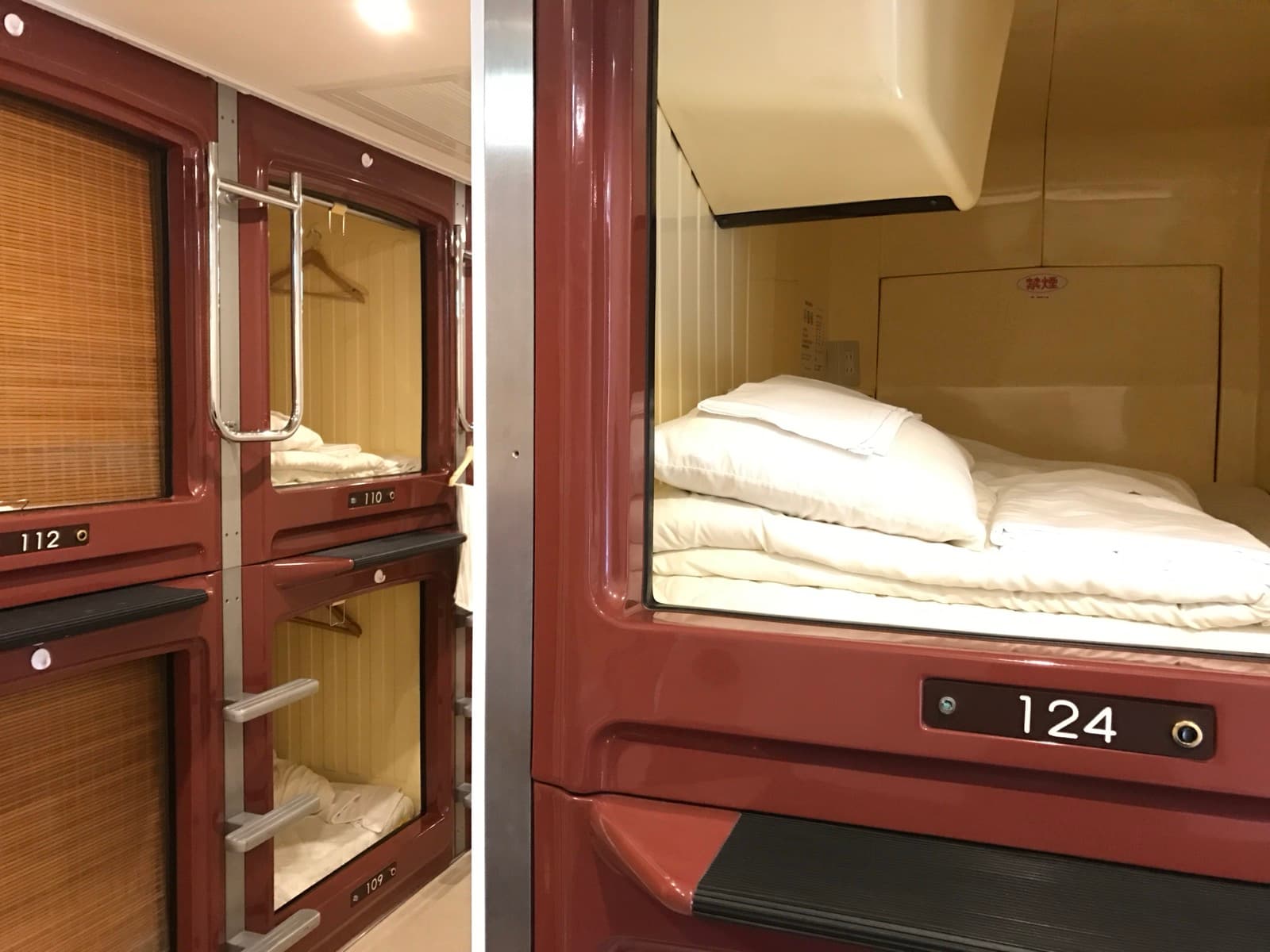 Interior of a capsule hotel in Tokyo, Japan.