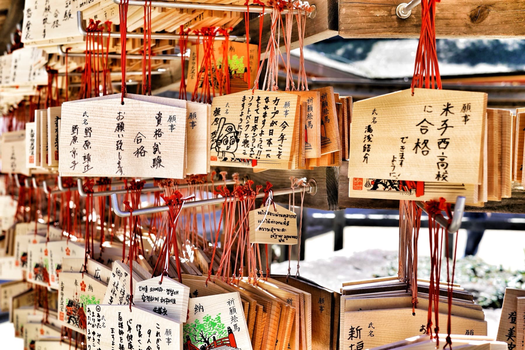 Tablillas de deseos ema colgadas en el santuario Meiji de Tokio.