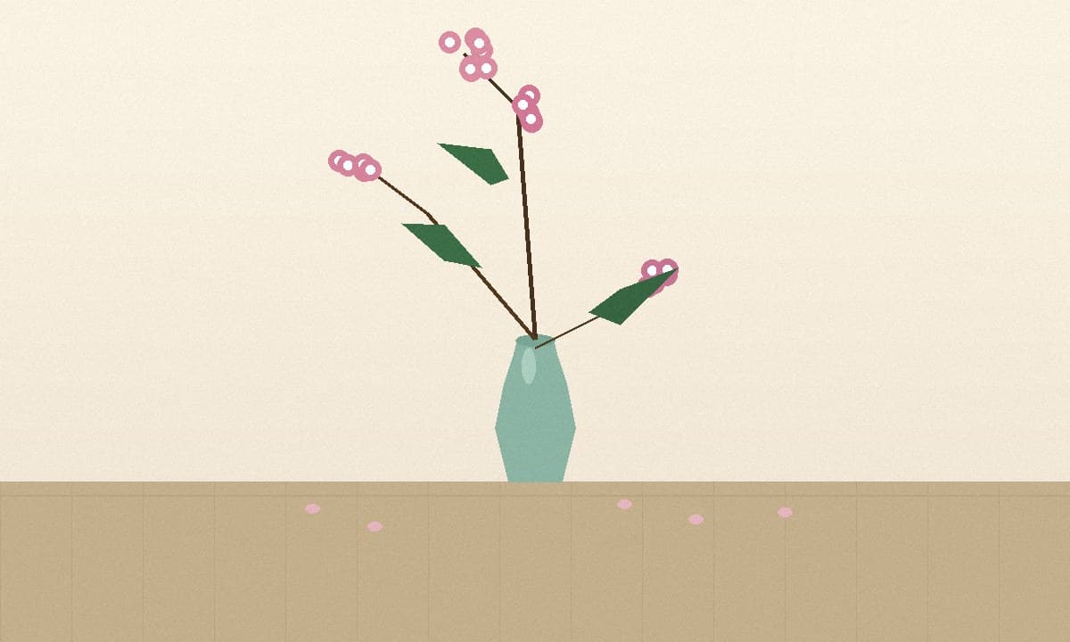 Arreglo floral ikebana minimalista con una rama, flores de ciruelo y tallos curvados en un jarrón de celadón.