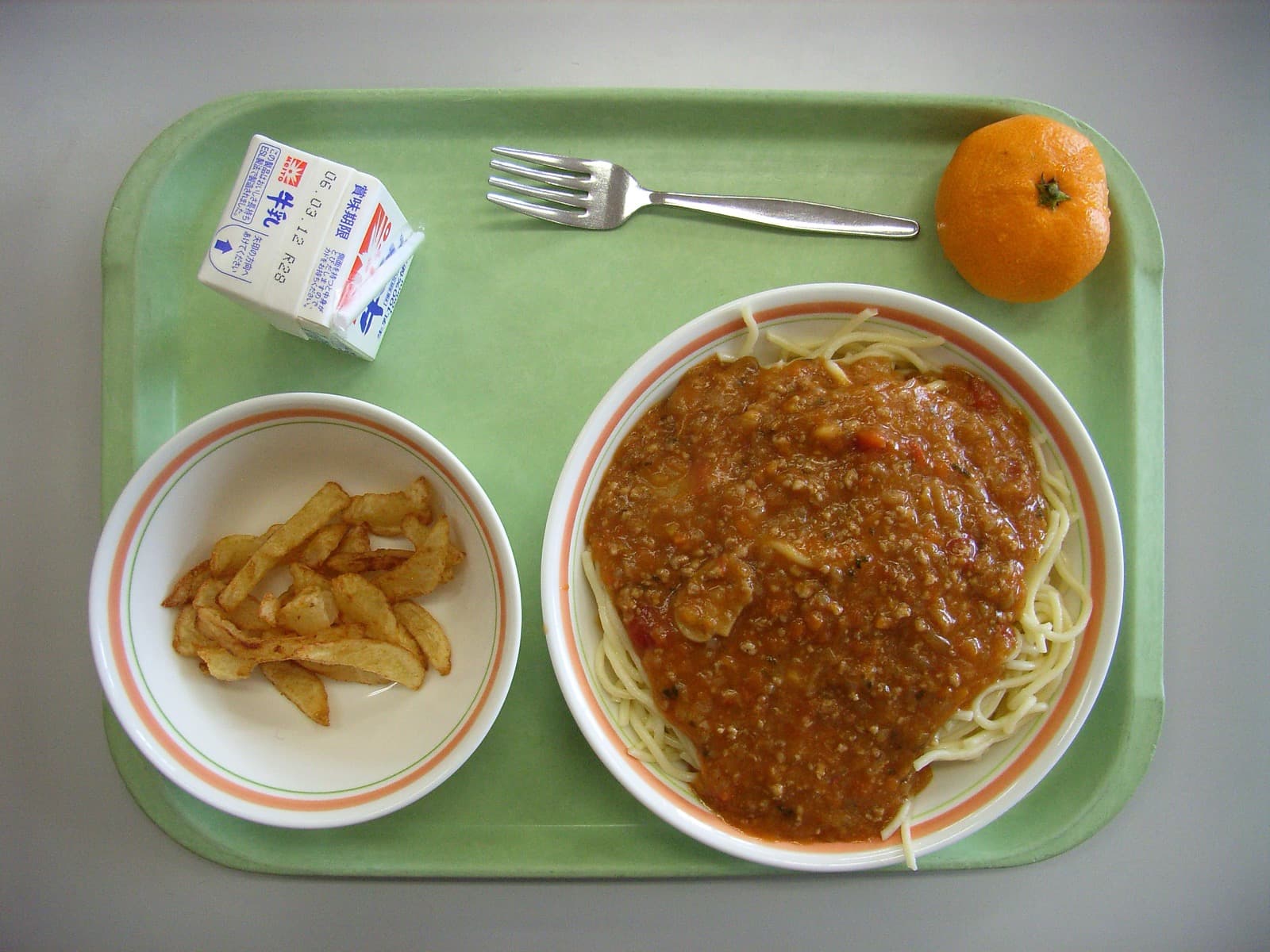 Typical Japanese elementary school lunch served on a tray.