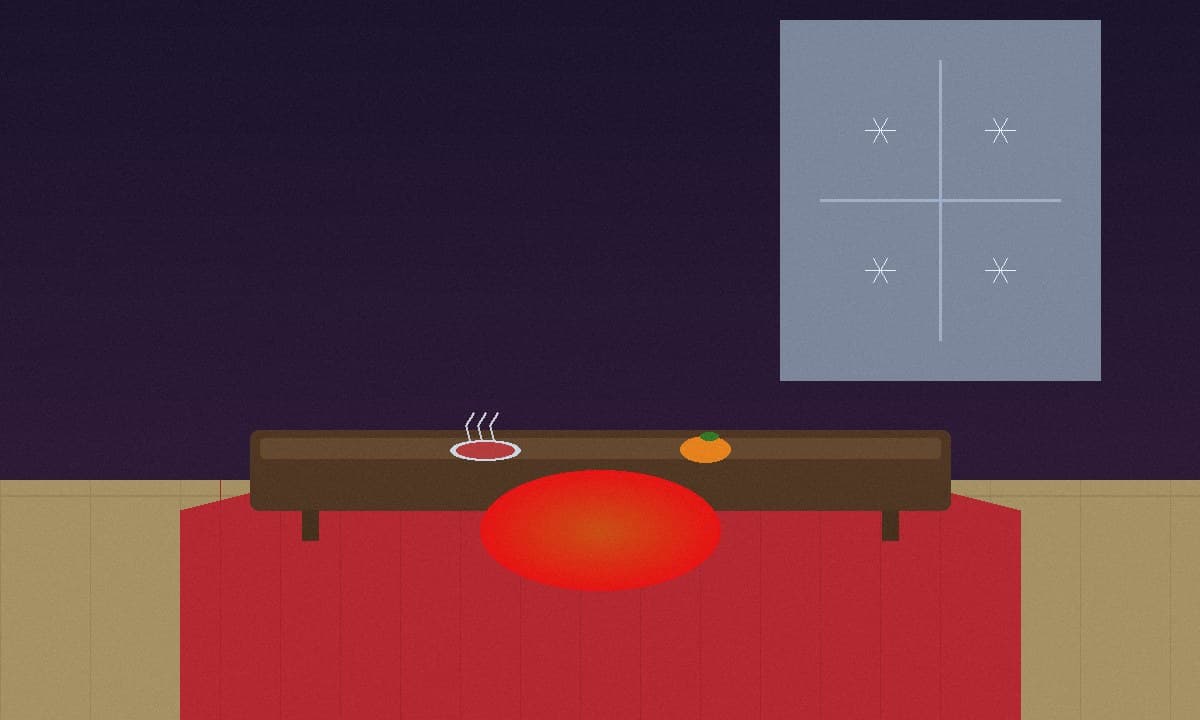 Un acogedor kotatsu japonés cubierto con una manta roja en una sala de estar de invierno con suelo de tatami.