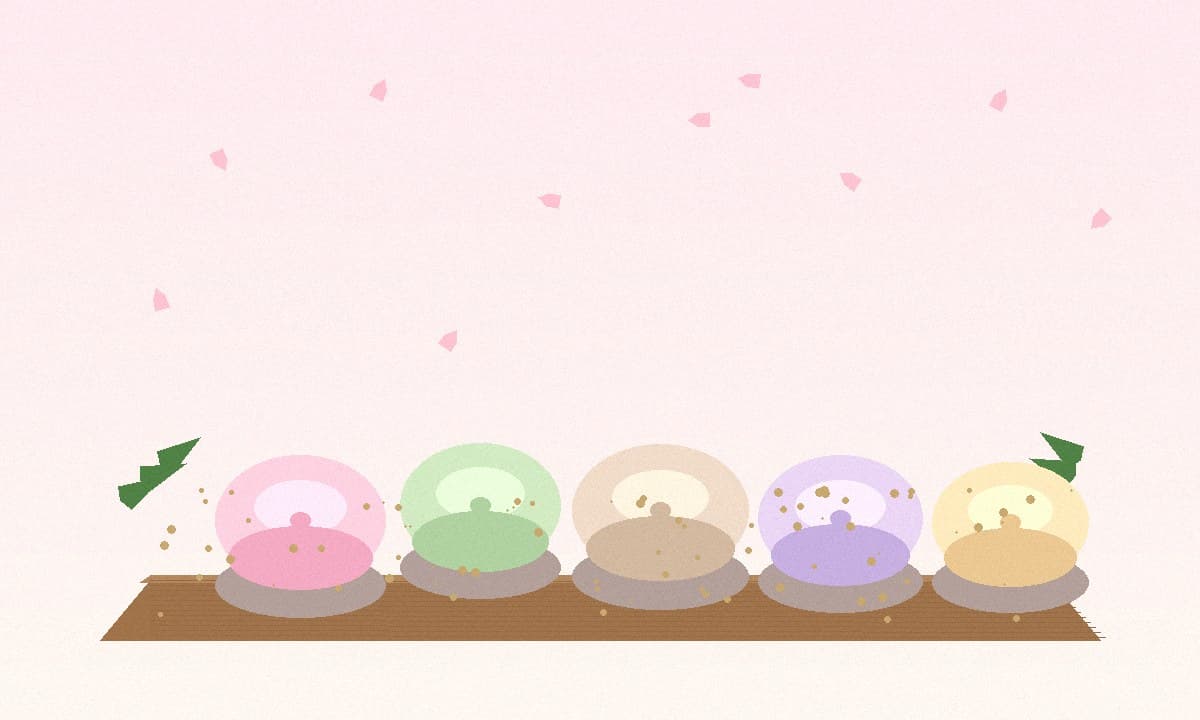 Colorful mochi rice cakes in pink, green, white, and yellow dusted with kinako flour on a wooden tray.