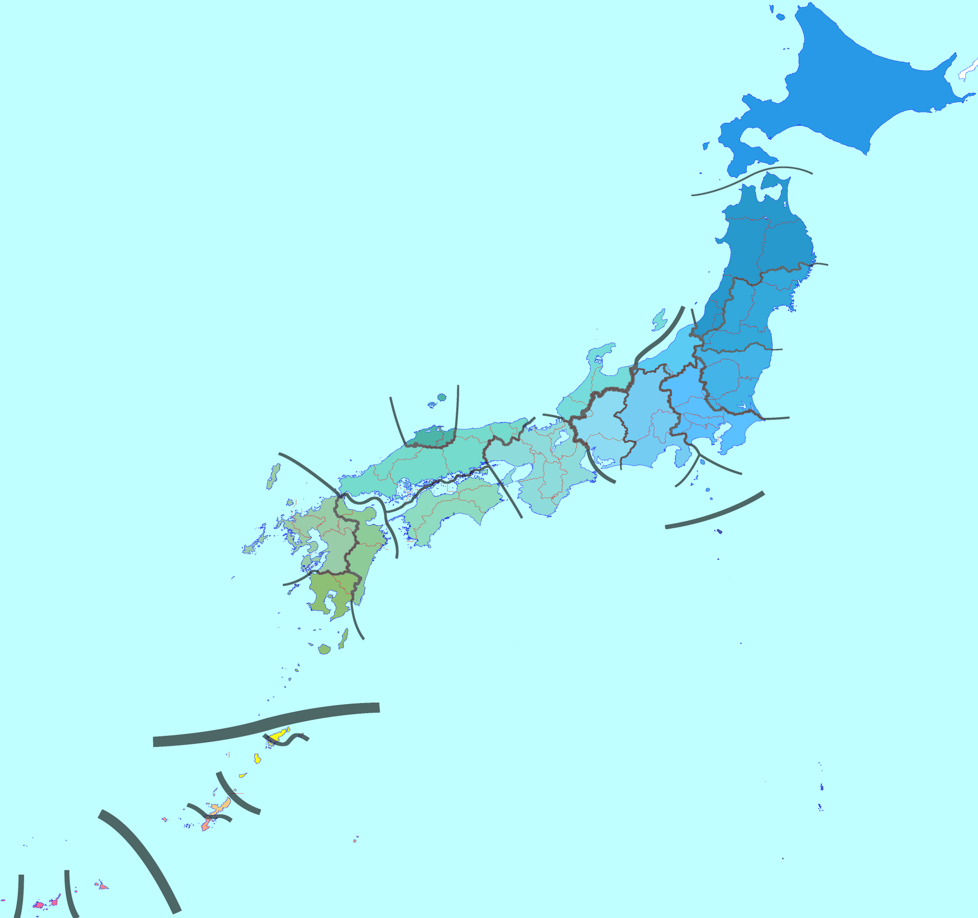 Map showing broad divisions of Japanese regional dialects.