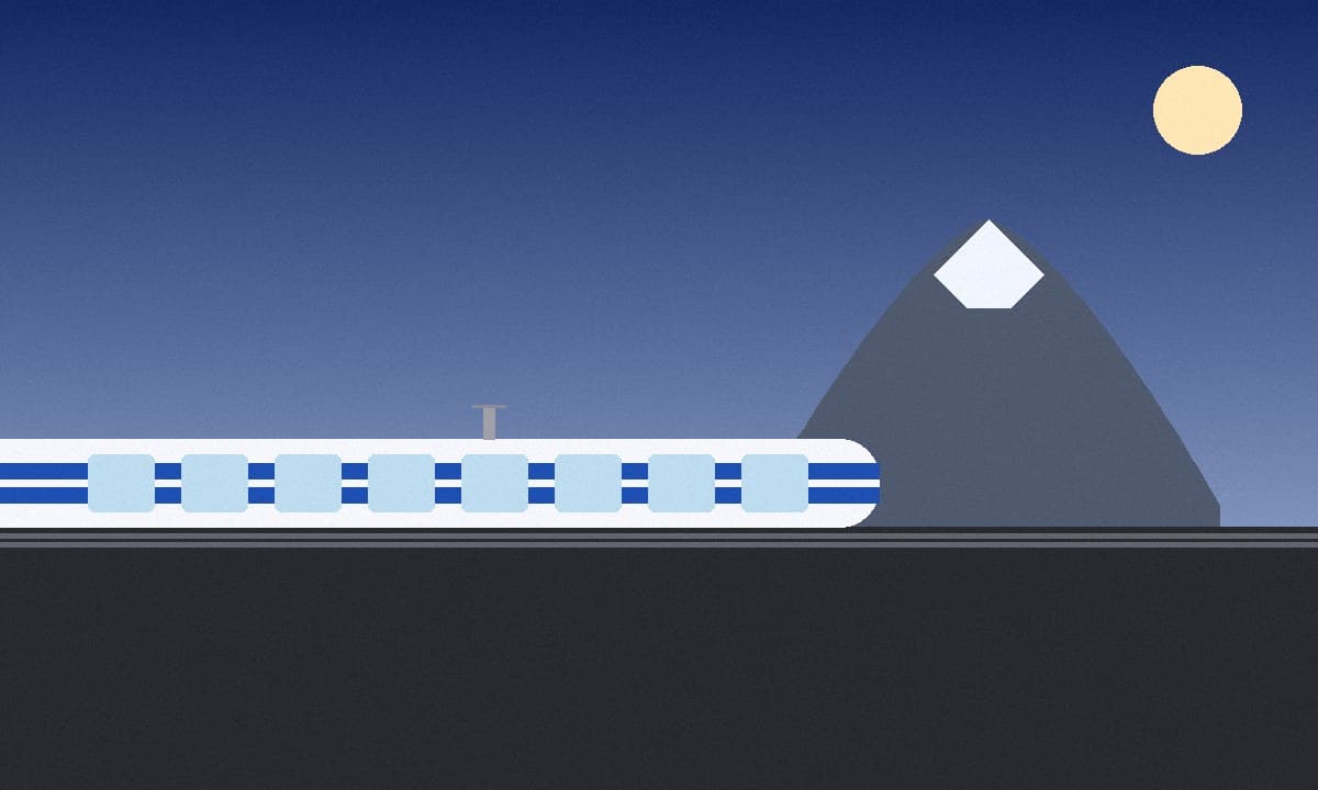 Japan's N700 shinkansen bullet train speeding past Mount Fuji at dawn.