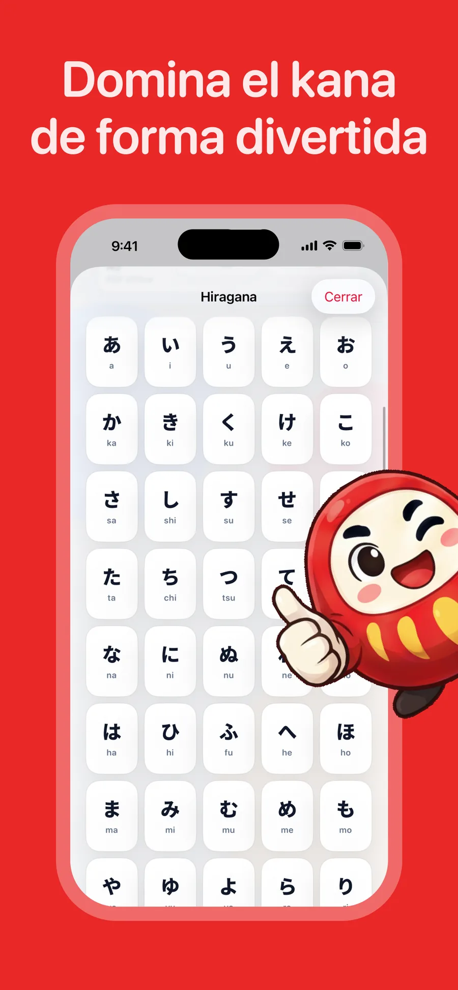 Pantalla de práctica de kana de DarumaGo en iPhone